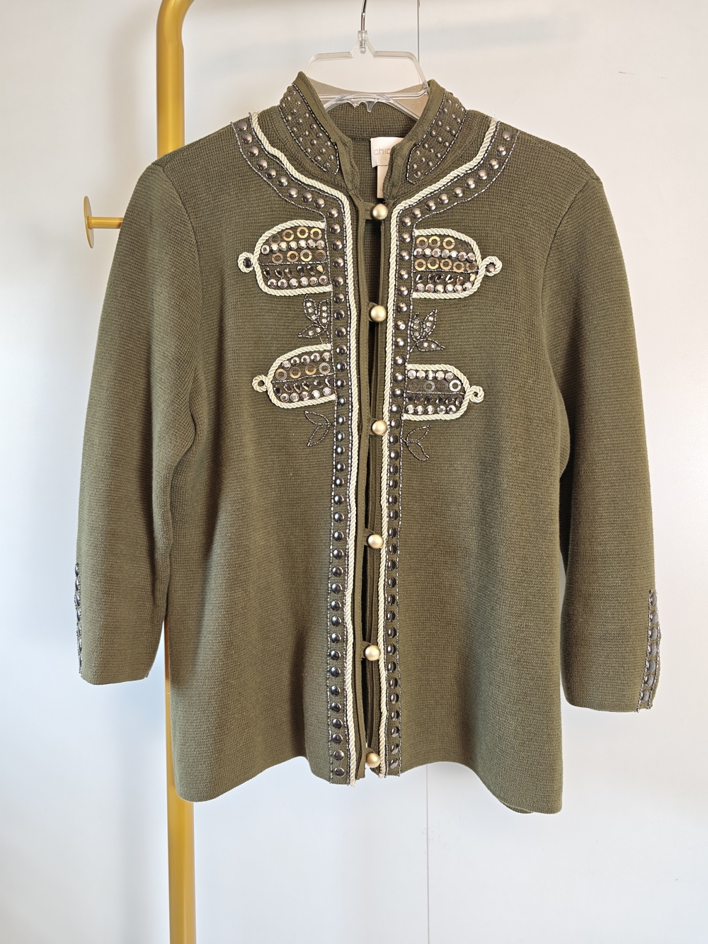 Embellished Military Army Green Cardigan Sweater Size Large Chico's 1